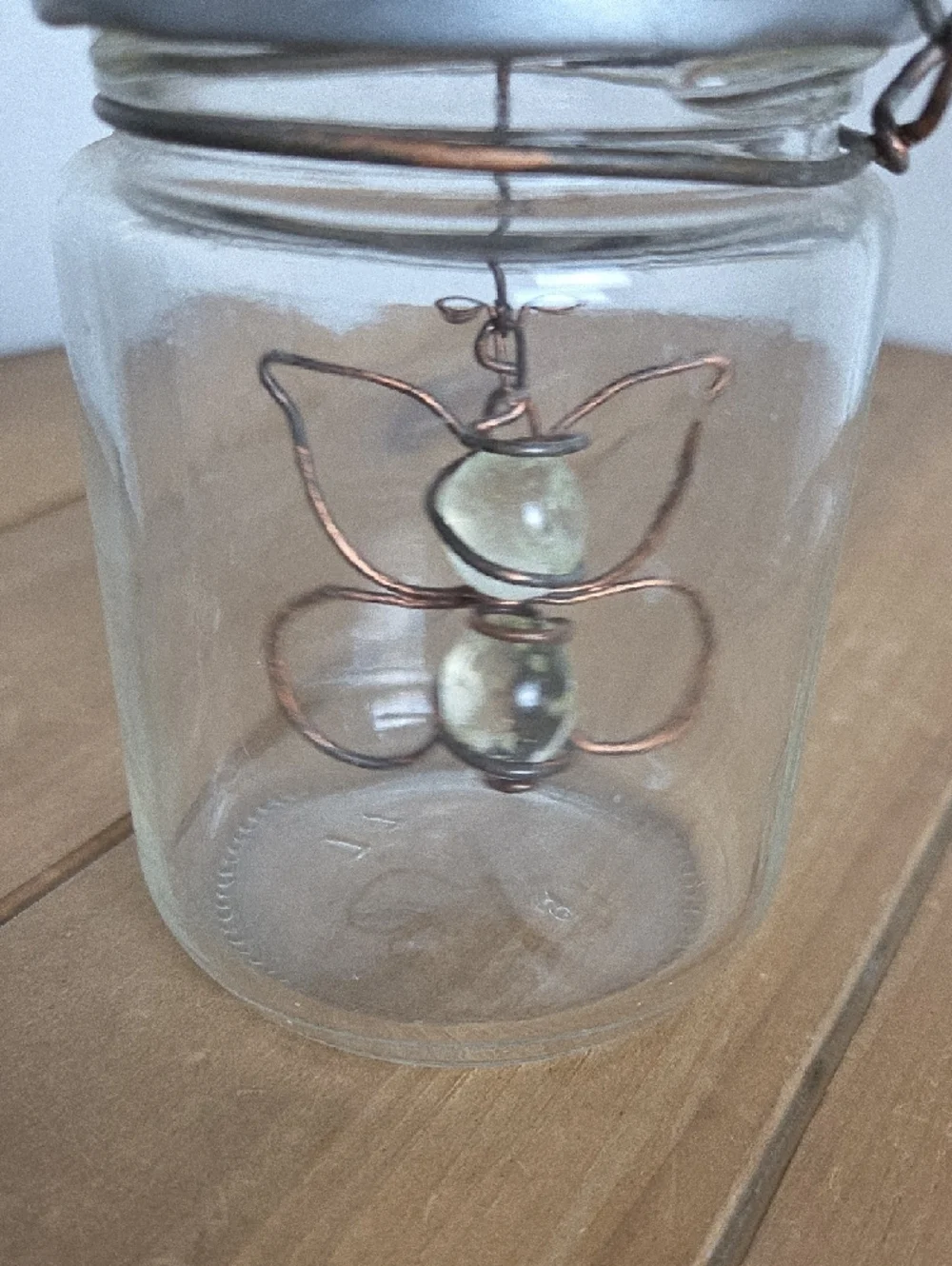 Glass Hanging Jar Lantern with Silver Lid and Copper Butterfly Accent